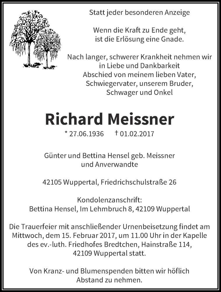  Traueranzeige für Richard Meissner vom 11.02.2017 aus trauer.wuppertaler-rundschau.de