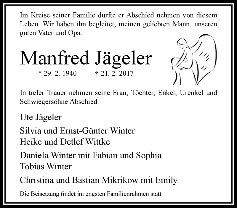  Traueranzeige für Manfred Jägeler vom 26.02.2017 aus trauer.extra-tipp-moenchengladbach.de