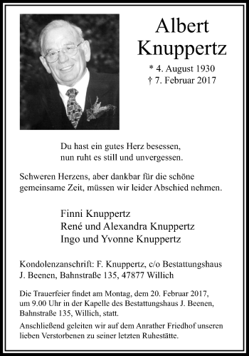 Traueranzeige von Albert Knuppertz von trauer.extra-tipp-moenchengladbach.de