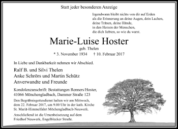 Traueranzeige von Marie-Luise Hoster von trauer.extra-tipp-moenchengladbach.de