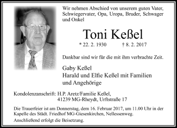 Traueranzeige von Toni Keßel von trauer.extra-tipp-moenchengladbach.de