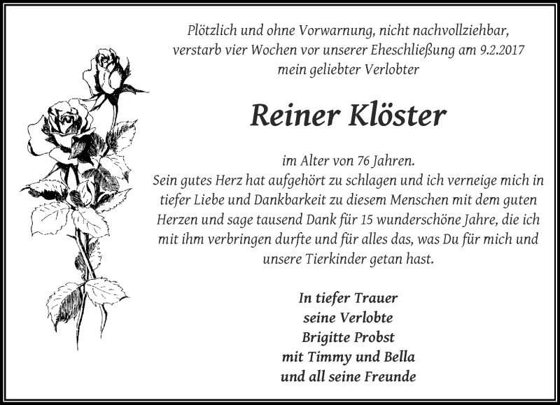  Traueranzeige für Reiner Klöster vom 18.02.2017 aus trauer.wuppertaler-rundschau.de