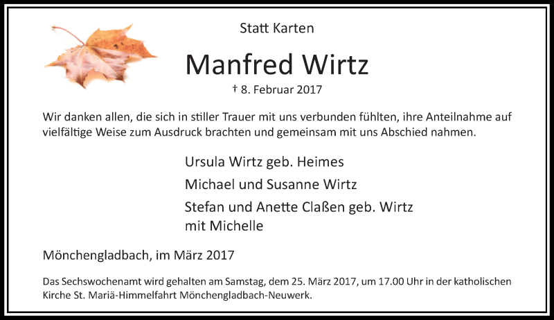  Traueranzeige für Manfred Wirtz vom 19.03.2017 aus trauer.extra-tipp-moenchengladbach.de