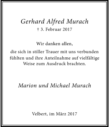 Traueranzeige von Gerhard Alfred Murach von trauer.wuppertaler-rundschau.de