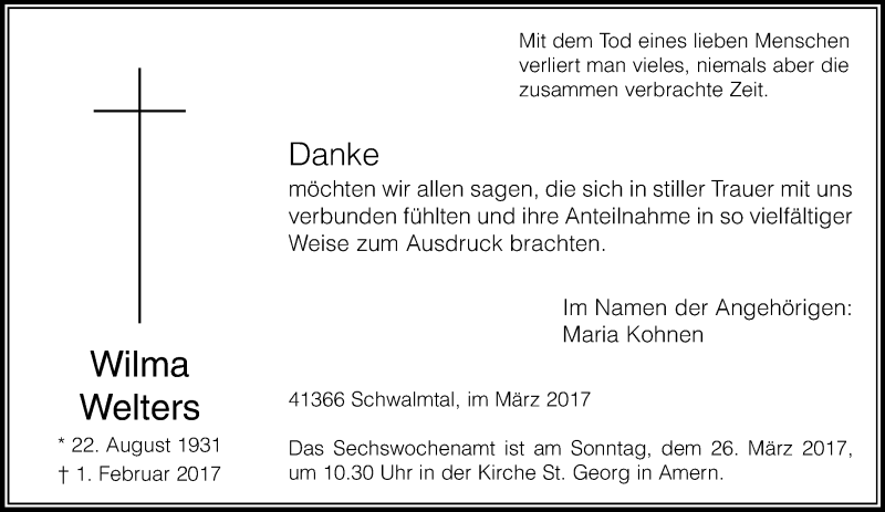  Traueranzeige für Wilma Welters vom 19.03.2017 aus trauer.extra-tipp-moenchengladbach.de