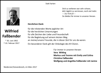 Traueranzeige von Wilfried Faßbender von trauer.stadt-kurier.de