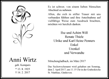 Traueranzeige von Anni Wirtz von trauer.extra-tipp-moenchengladbach.de