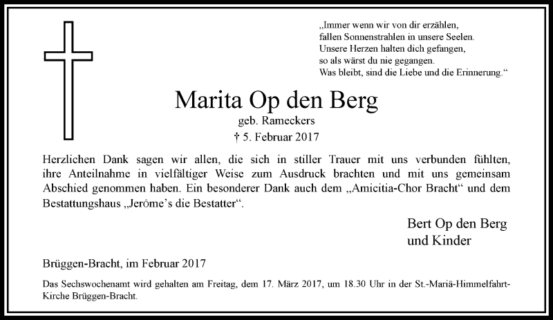  Traueranzeige für Marita Op den Berg vom 05.03.2017 aus trauer.extra-tipp-moenchengladbach.de
