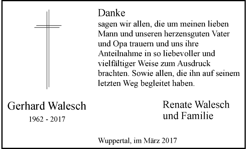  Traueranzeige für Gerhard Walesch vom 04.03.2017 aus trauer.wuppertaler-rundschau.de