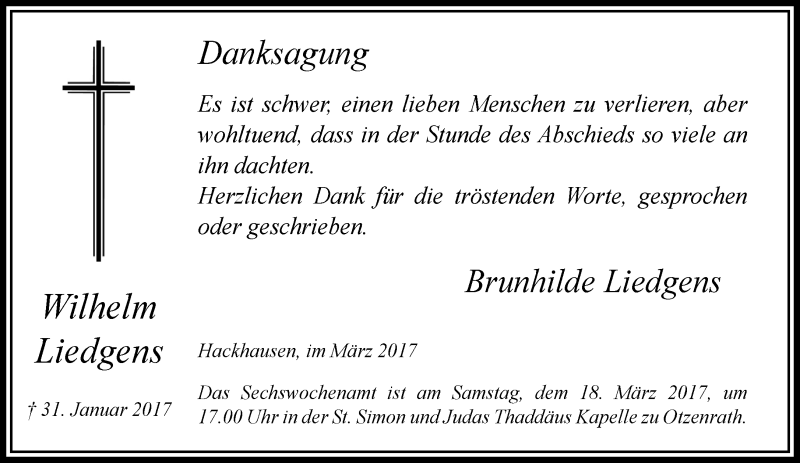  Traueranzeige für Wilhelm Liedgens vom 08.03.2017 aus trauer.stadt-kurier.de