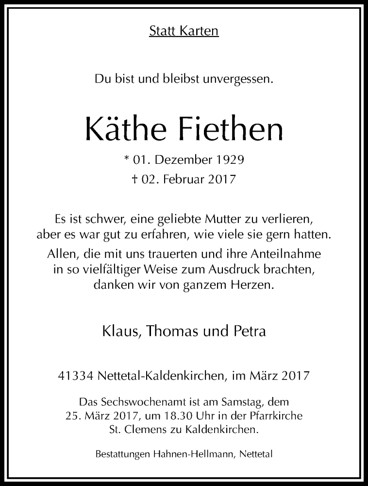  Traueranzeige für Käthe Fiethen vom 12.03.2017 aus trauer.extra-tipp-moenchengladbach.de