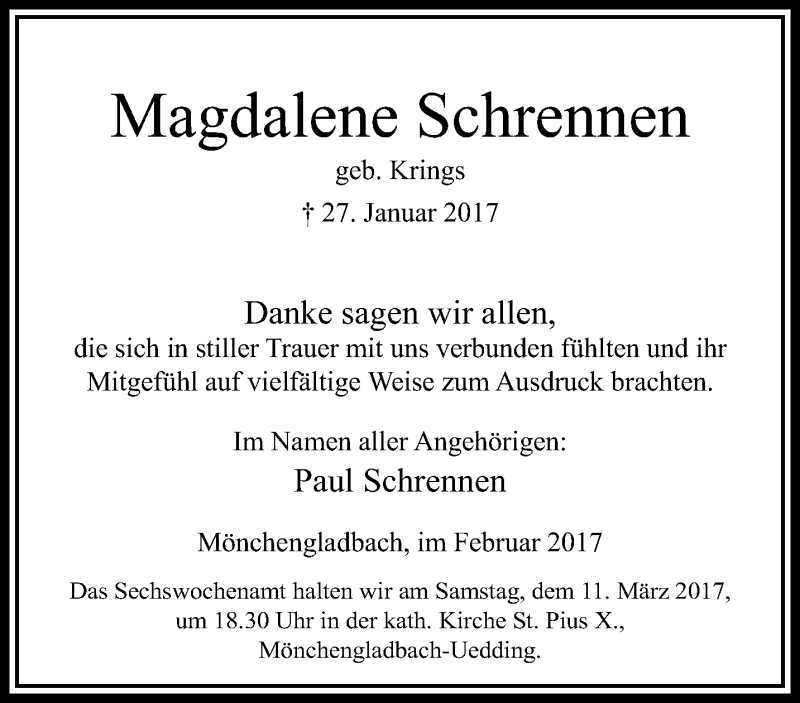  Traueranzeige für Magdalene Schrennen vom 05.03.2017 aus trauer.extra-tipp-moenchengladbach.de