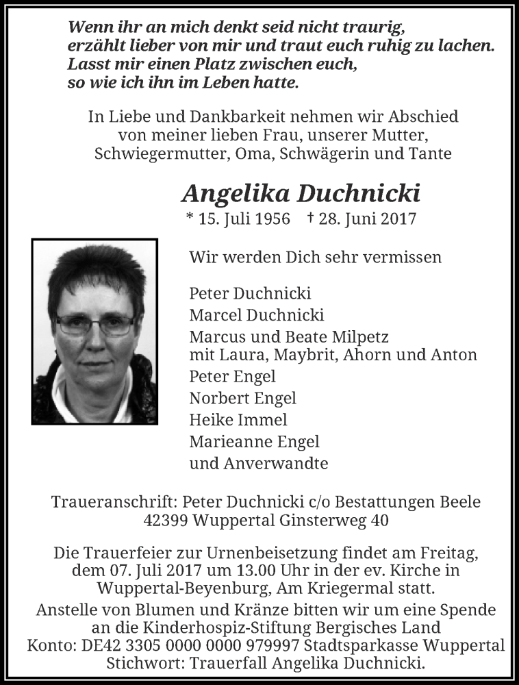  Traueranzeige für Angelika Duchnicki vom 01.07.2017 aus trauer.wuppertaler-rundschau.de