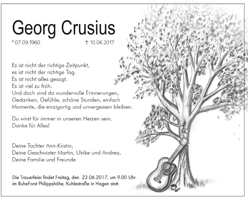  Traueranzeige für Georg Crusius vom 21.06.2017 aus trauer.wuppertaler-rundschau.de