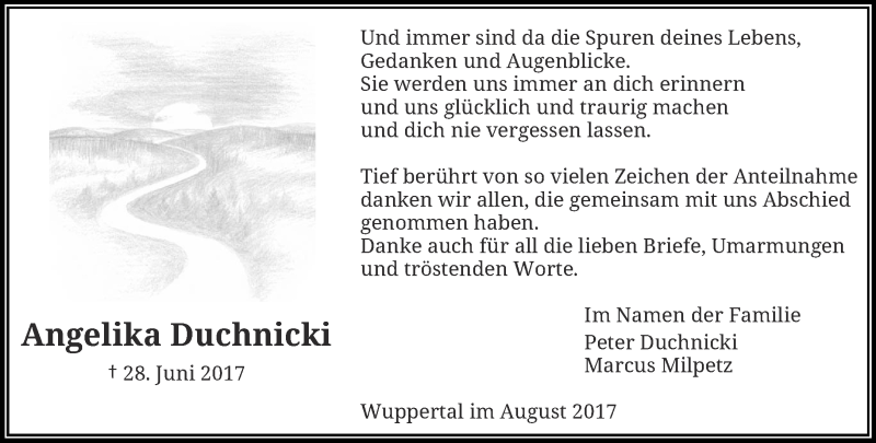  Traueranzeige für Angelika Duchnicki vom 05.08.2017 aus trauer.wuppertaler-rundschau.de