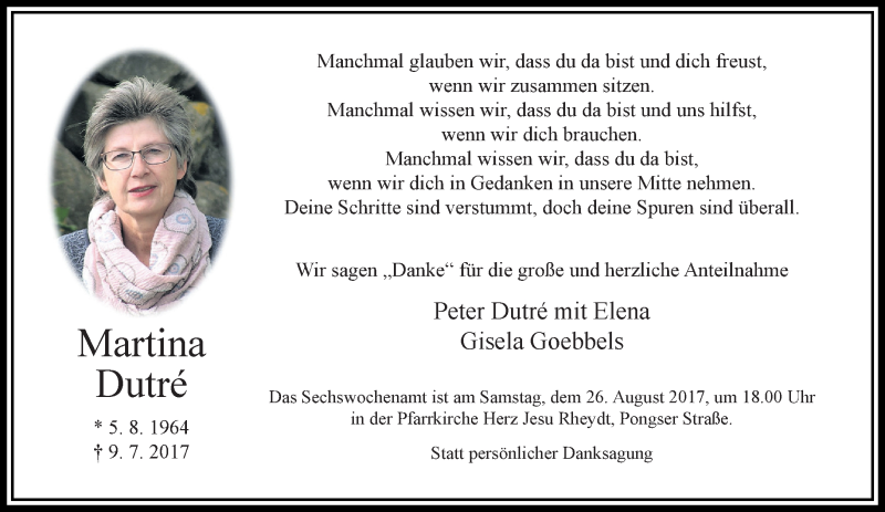  Traueranzeige für Martina Dutre vom 20.08.2017 aus trauer.extra-tipp-moenchengladbach.de