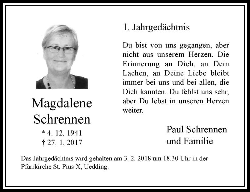  Traueranzeige für Magdalene Schrennen vom 28.01.2018 aus trauer.extra-tipp-moenchengladbach.de