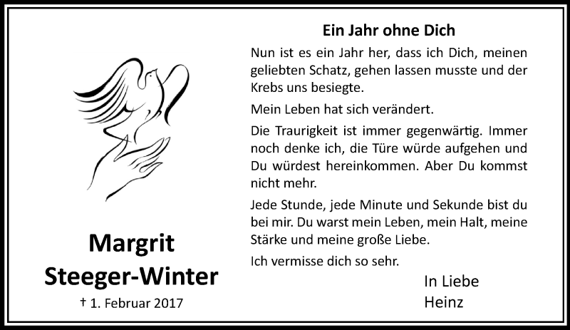  Traueranzeige für Margrit Steeger-Winter vom 04.02.2018 aus trauer.extra-tipp-moenchengladbach.de