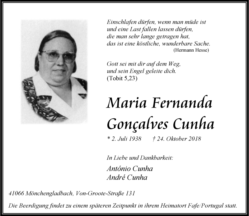  Traueranzeige für Maria Fernanda Gonçalves Cunha vom 28.10.2018 aus trauer.extra-tipp-moenchengladbach.de