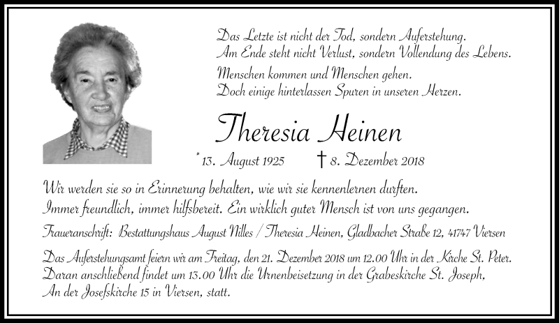  Traueranzeige für Theresia Heinen vom 16.12.2018 aus trauer.extra-tipp-moenchengladbach.de
