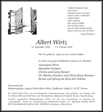 Traueranzeige von Albert Wirtz von trauer.extra-tipp-moenchengladbach.de