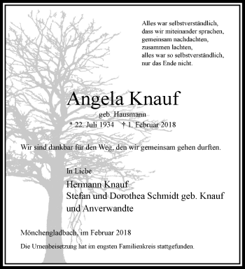 Traueranzeige von Angela Knauf von trauer.extra-tipp-moenchengladbach.de