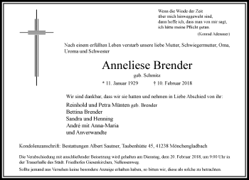 Traueranzeige von Anneliese Brender von trauer.extra-tipp-moenchengladbach.de