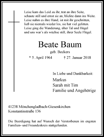 Traueranzeige von Beate Baum von trauer.extra-tipp-moenchengladbach.de