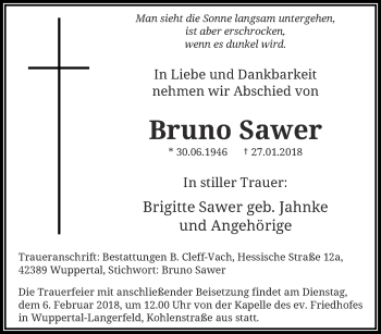 Traueranzeige von Bruno Sawer von trauer.wuppertaler-rundschau.de