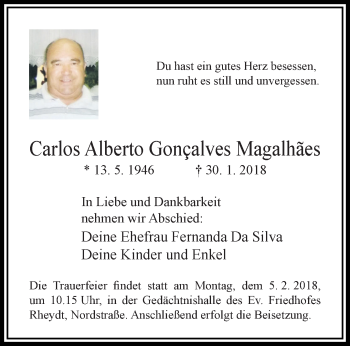 Traueranzeige von Carlos Alberto Gonçalves Magalhães von trauer.extra-tipp-moenchengladbach.de