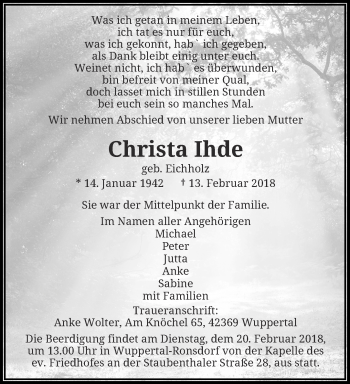 Traueranzeige von Christa Ihde von trauer.wuppertaler-rundschau.de