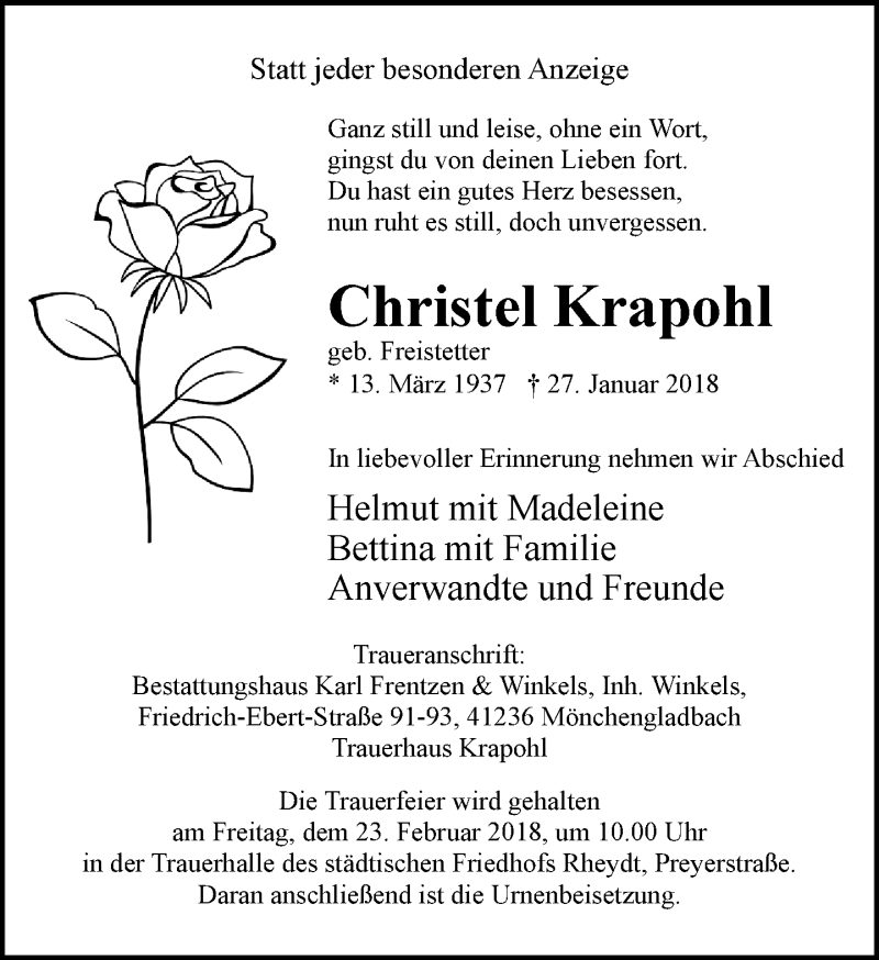  Traueranzeige für Christel Krapohl vom 18.02.2018 aus trauer.extra-tipp-moenchengladbach.de