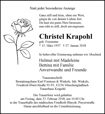 Traueranzeige von Christel Krapohl von trauer.extra-tipp-moenchengladbach.de