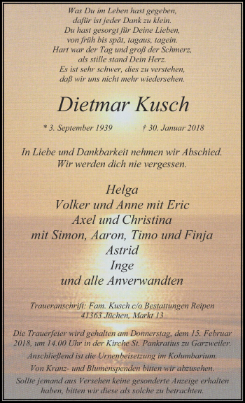Traueranzeige von Dietmar Kusch von trauer.stadt-kurier.de