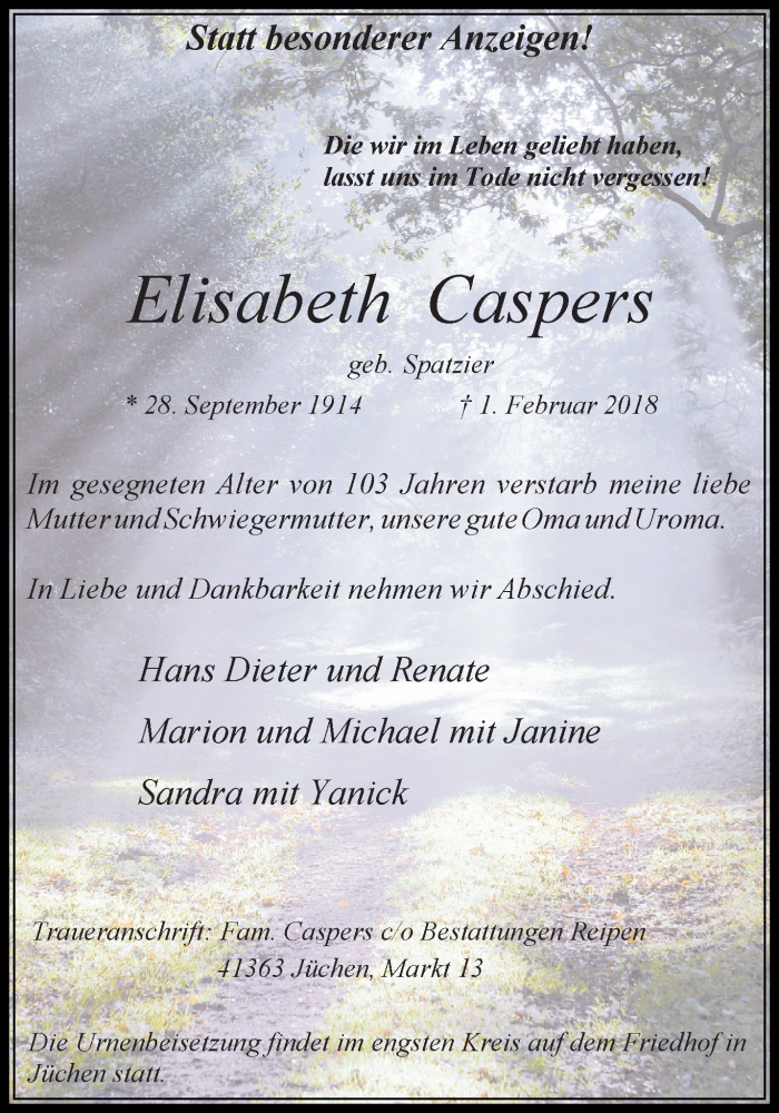  Traueranzeige für Elisabeth Caspers vom 07.02.2018 aus trauer.stadt-kurier.de