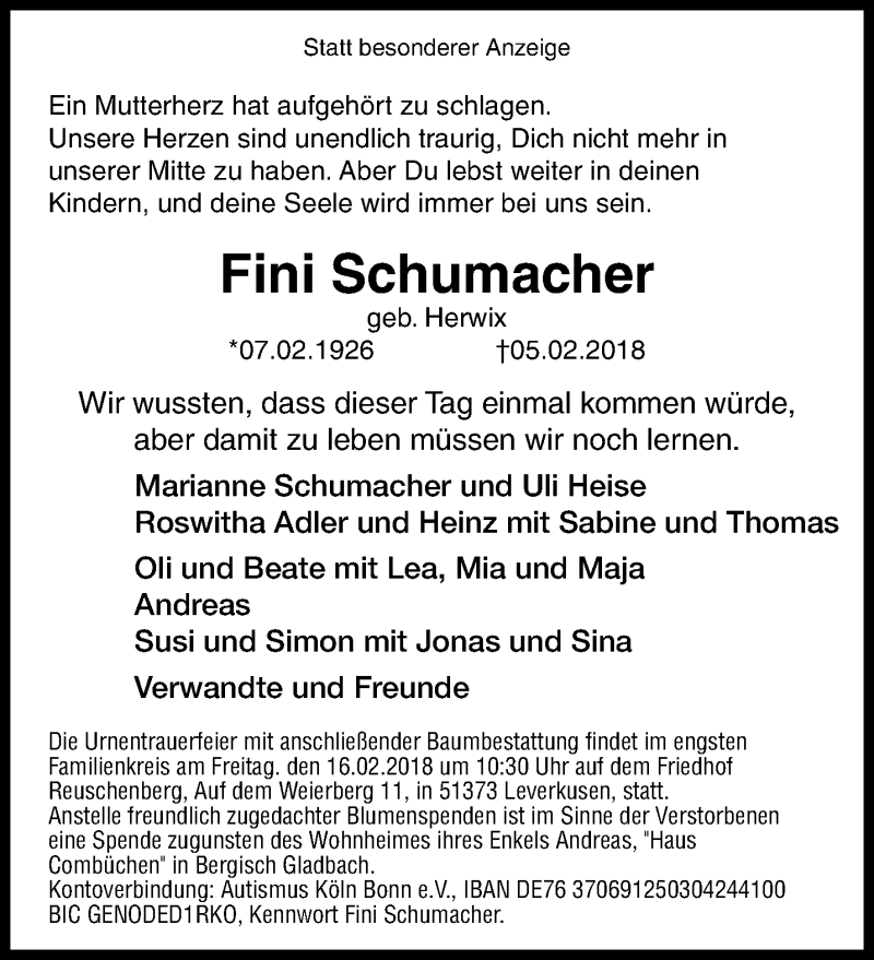  Traueranzeige für Fini Schumacher vom 11.02.2018 aus trauer.mein.krefeld.de