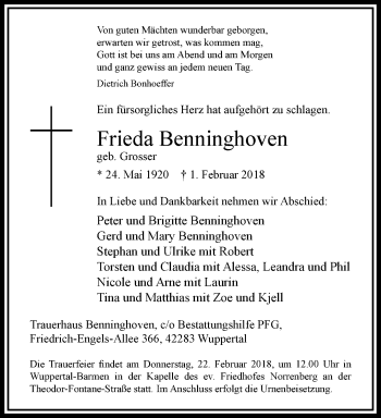 Traueranzeige von Frieda Benninghoven von trauer.wuppertaler-rundschau.de