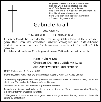 Traueranzeige von Gabriele Krall von trauer.stadt-kurier.de