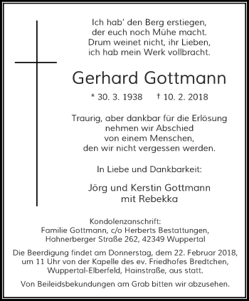 Traueranzeige von Gerhard Gottmann von trauer.wuppertaler-rundschau.de