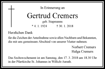 Traueranzeige von Gertrud Cremers von trauer.extra-tipp-moenchengladbach.de