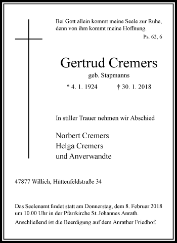 Traueranzeige von Gertrud Cremers von trauer.extra-tipp-moenchengladbach.de