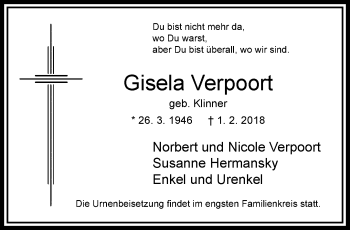 Traueranzeige von Gisela Verpoort von trauer.extra-tipp-moenchengladbach.de