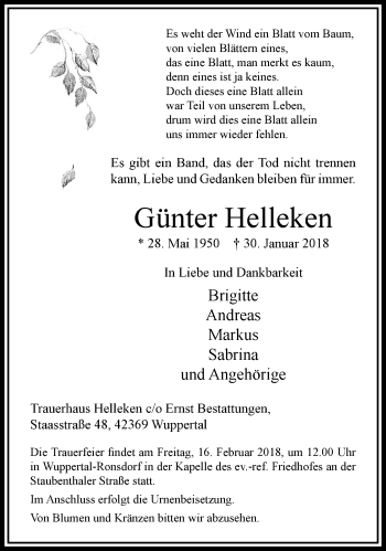 Traueranzeige von Günter Helleken von trauer.wuppertaler-rundschau.de