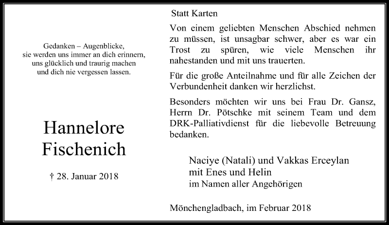  Traueranzeige für Hannelore Fischenich vom 18.02.2018 aus trauer.extra-tipp-moenchengladbach.de