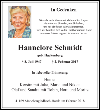 Traueranzeige von Hannelore Schmidt von trauer.extra-tipp-moenchengladbach.de