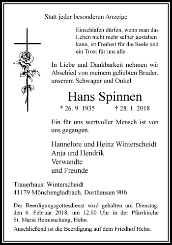 Traueranzeige von Hans Spinnen von trauer.extra-tipp-moenchengladbach.de
