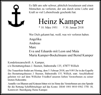 Traueranzeige von Heinz Kamper von trauer.extra-tipp-moenchengladbach.de