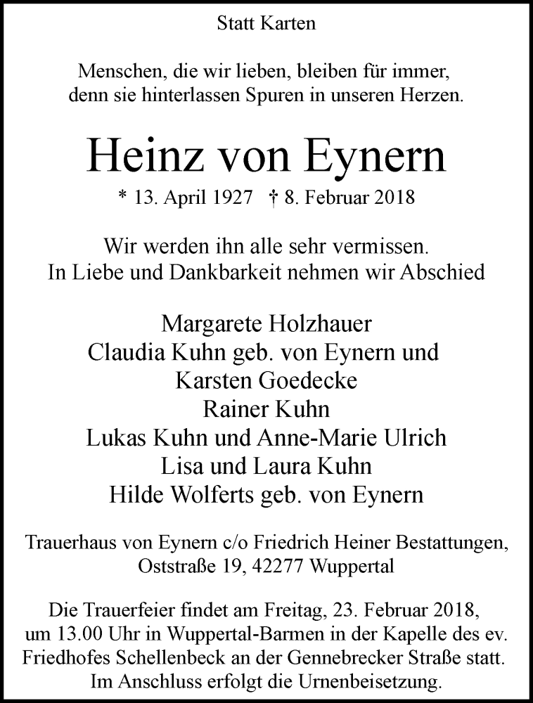  Traueranzeige für Heinz von Eynern vom 17.02.2018 aus trauer.wuppertaler-rundschau.de
