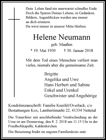 Traueranzeige von Helene Neumann von trauer.extra-tipp-moenchengladbach.de