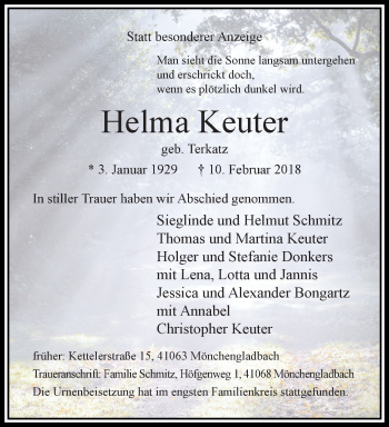 Traueranzeige von Helma Keuter von trauer.extra-tipp-moenchengladbach.de